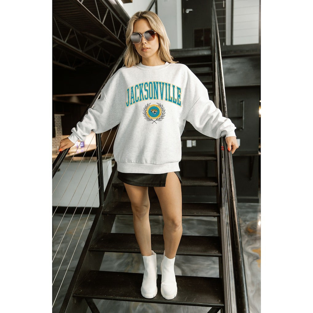 Jacksonville Jaguars Gameday Couture Women's Traditional Logo Oversized Premium Fleece Pullover Sweatshirt Ash - NFL