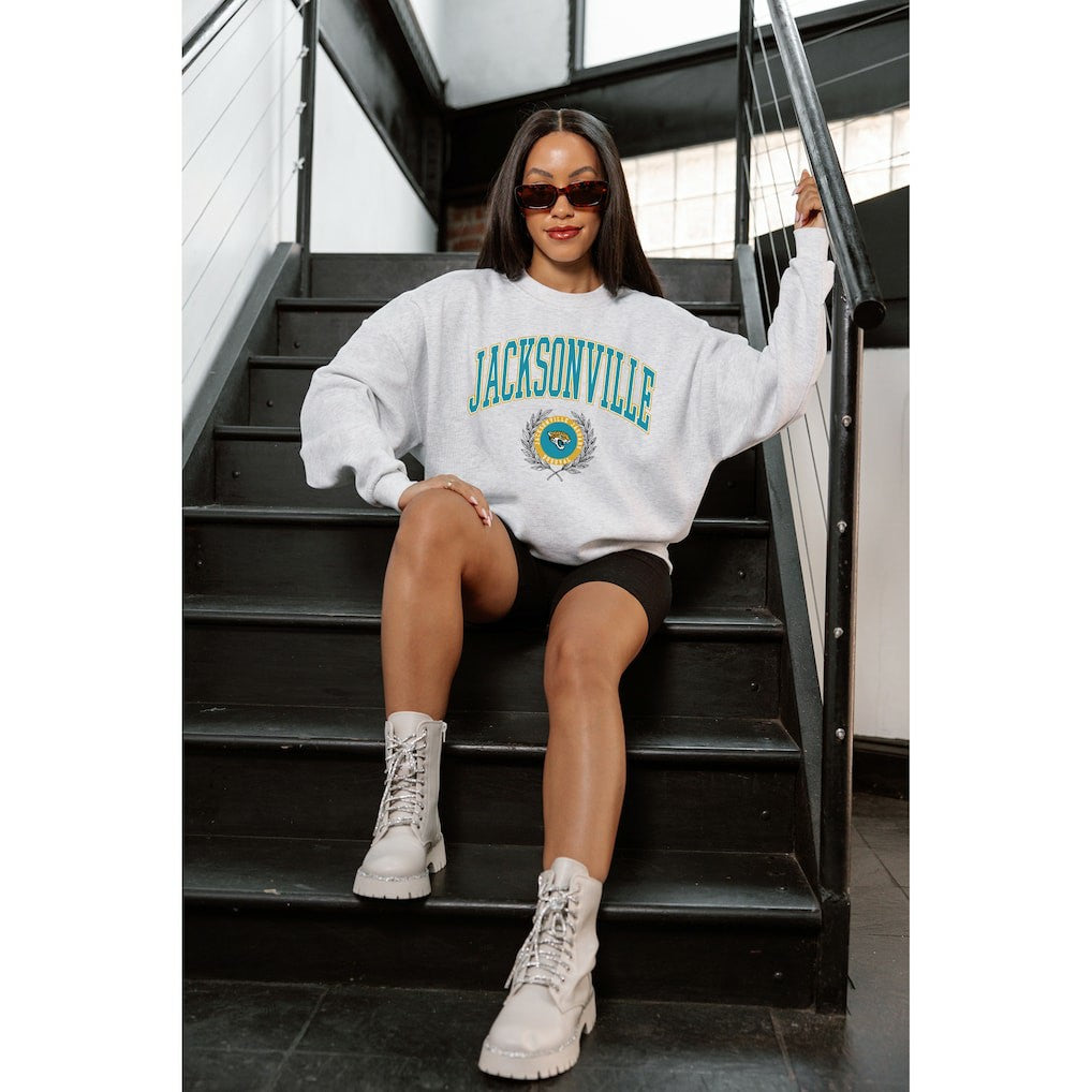Jacksonville Jaguars Gameday Couture Women's Traditional Logo Oversized Premium Fleece Pullover Sweatshirt Ash - NFL