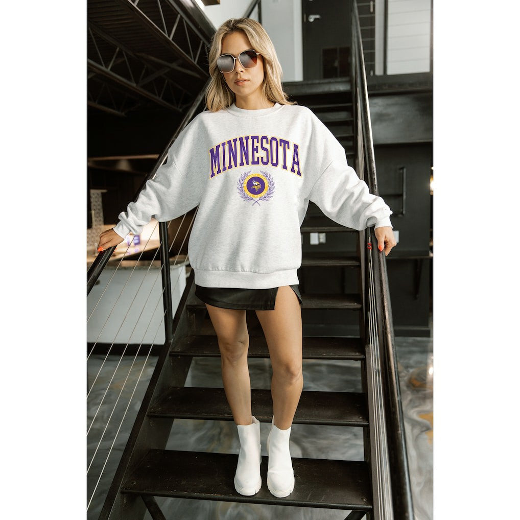 Minnesota Vikings Gameday Couture Women's Traditional Logo Oversized Premium Fleece Pullover Sweatshirt Ash - NFL