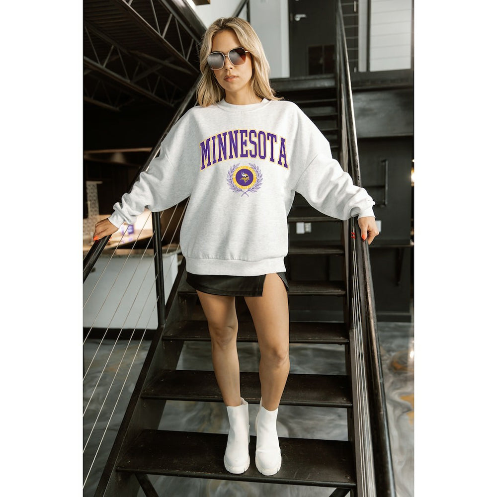 Minnesota Vikings Gameday Couture Women's Traditional Logo Oversized Premium Fleece Pullover Sweatshirt Ash - NFL