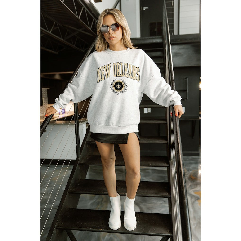 New Orleans Saints Gameday Couture Women's Traditional Logo Oversized Premium Fleece Pullover Sweatshirt Ash - NFL
