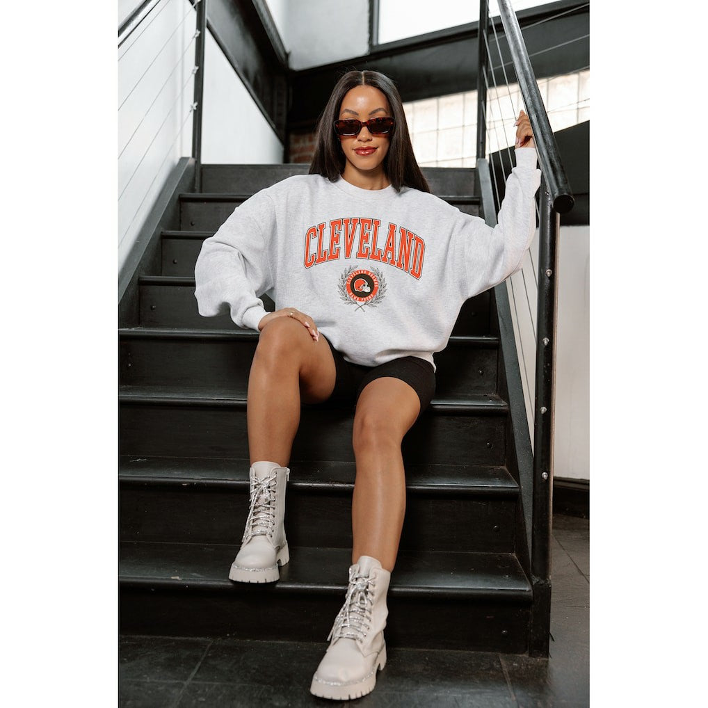 Cleveland Browns Gameday Couture Women's Traditional Logo Oversized Premium Fleece Pullover Sweatshirt Ash - NFL