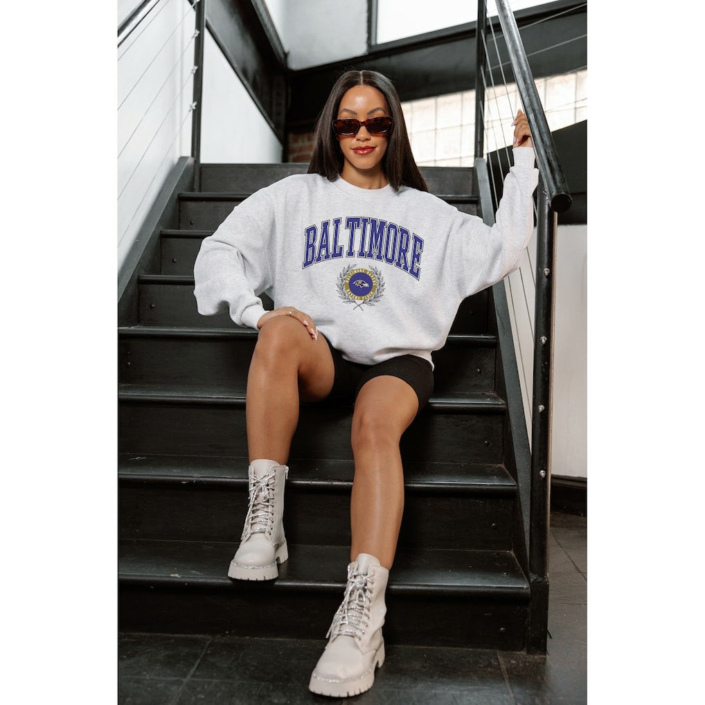 Baltimore Ravens Gameday Couture Women's Traditional Logo Oversized Premium Fleece Pullover Sweatshirt Ash - NFL