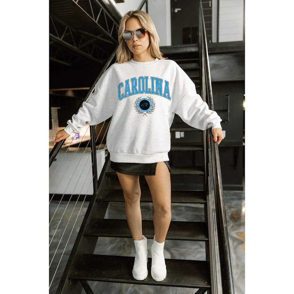 Carolina Panthers Gameday Couture Women's Traditional Logo Oversized Premium Fleece Pullover Sweatshirt Ash - NFL