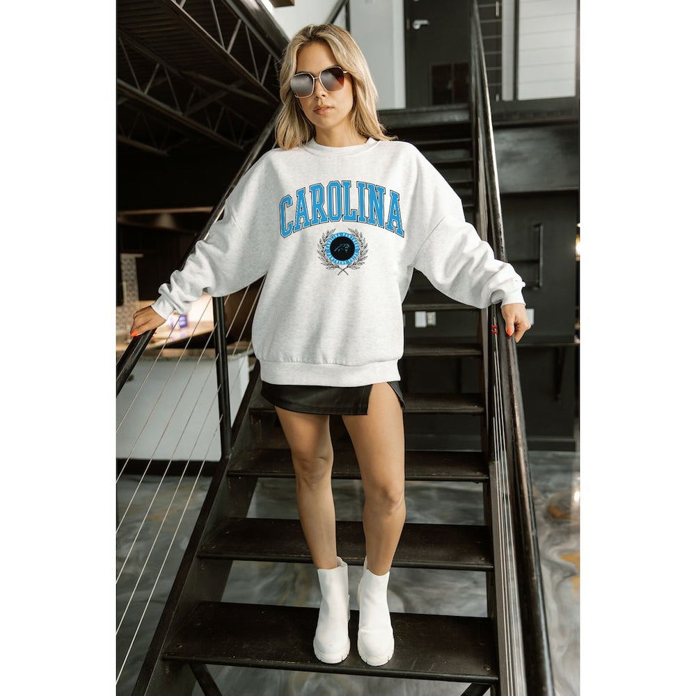 Carolina Panthers Gameday Couture Women's Traditional Logo Oversized Premium Fleece Pullover Sweatshirt Ash - NFL