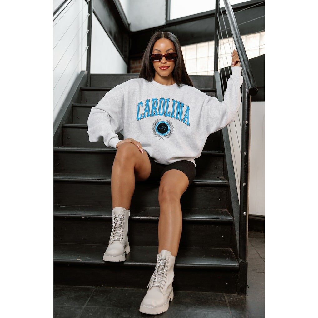 Carolina Panthers Gameday Couture Women's Traditional Logo Oversized Premium Fleece Pullover Sweatshirt Ash - NFL