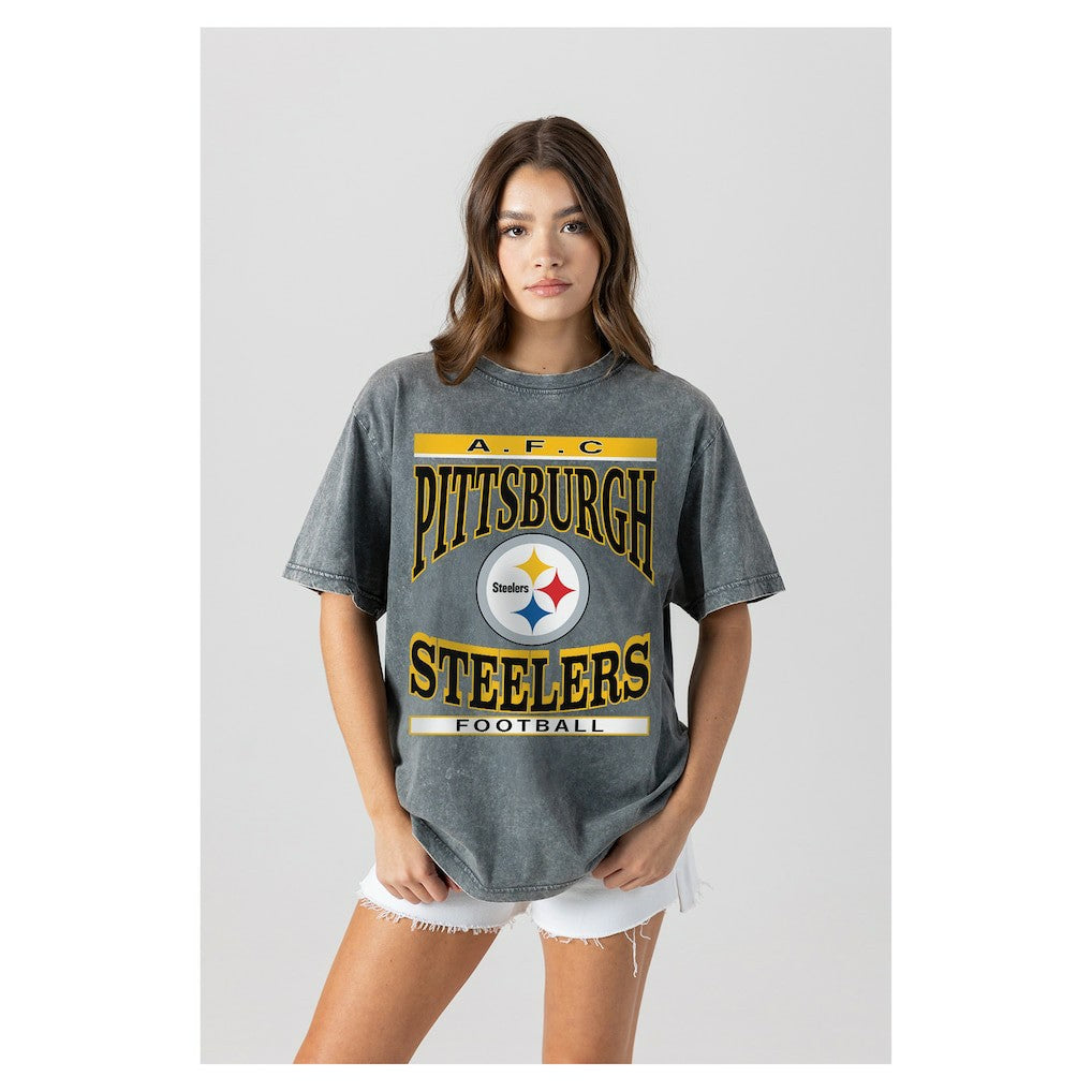 Pittsburgh Steelers Gameday Couture Women's Oversized Classic Grind Washed T-Shirt Gray - NFL
