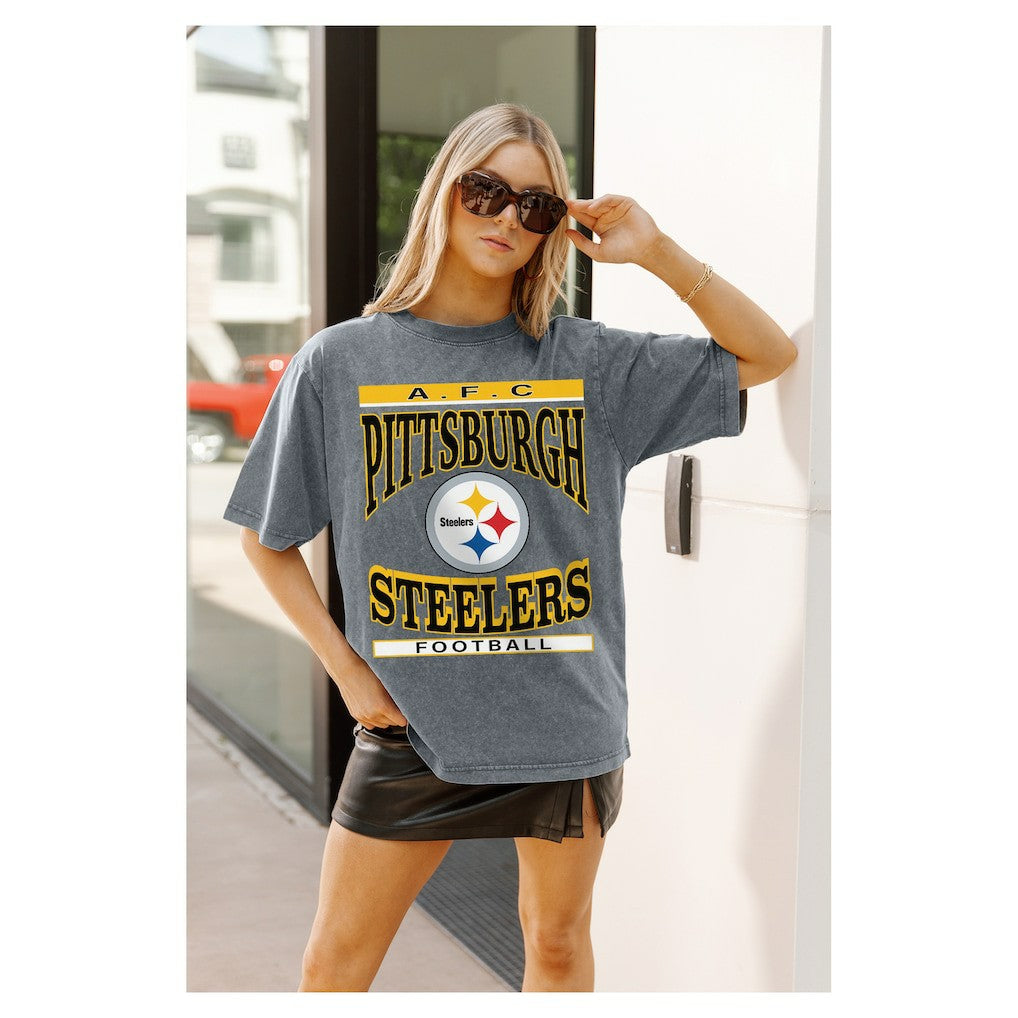 Pittsburgh Steelers Gameday Couture Women's Oversized Classic Grind Washed T-Shirt Gray - NFL