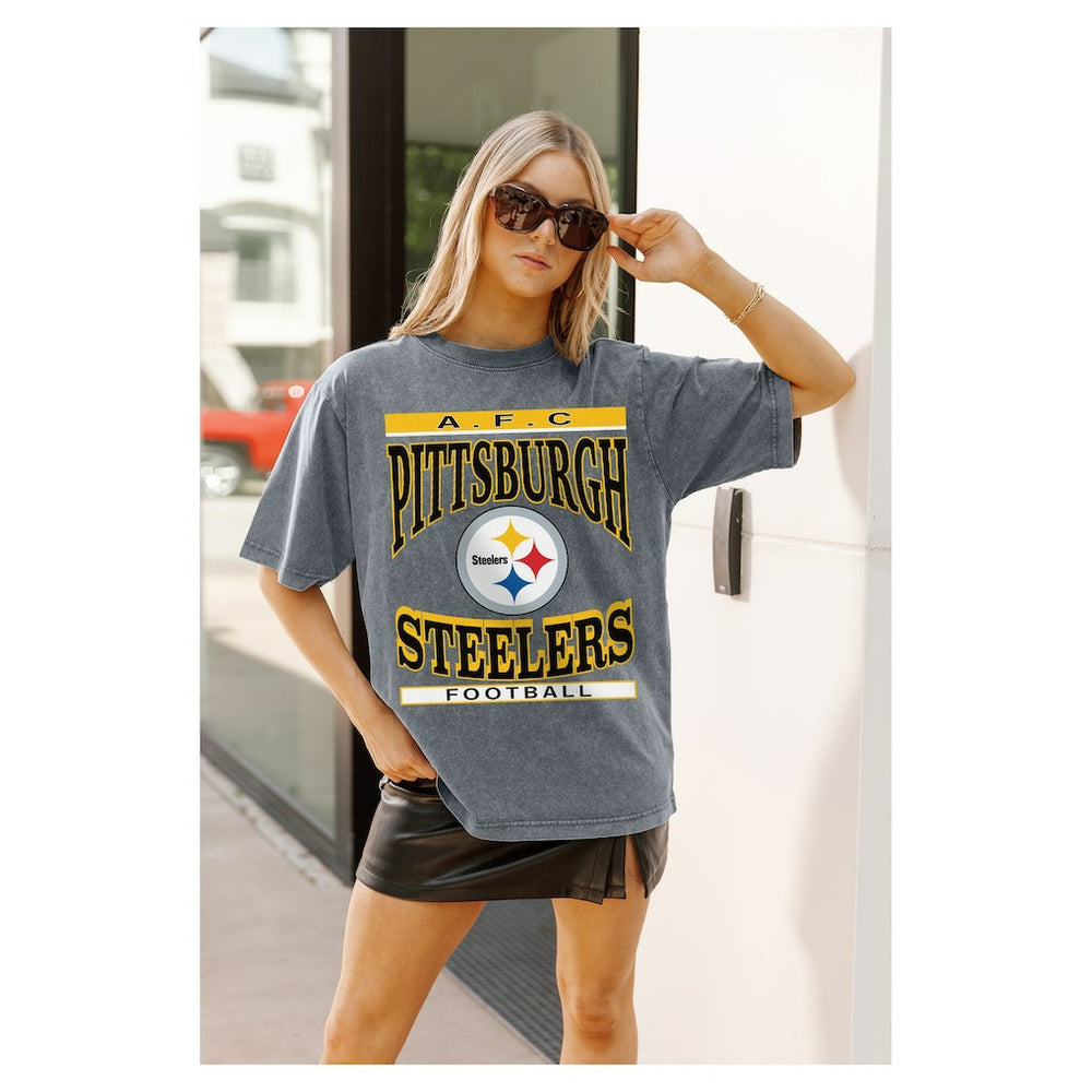 Pittsburgh Steelers Gameday Couture Women's Oversized Classic Grind Washed T-Shirt Gray - NFL
