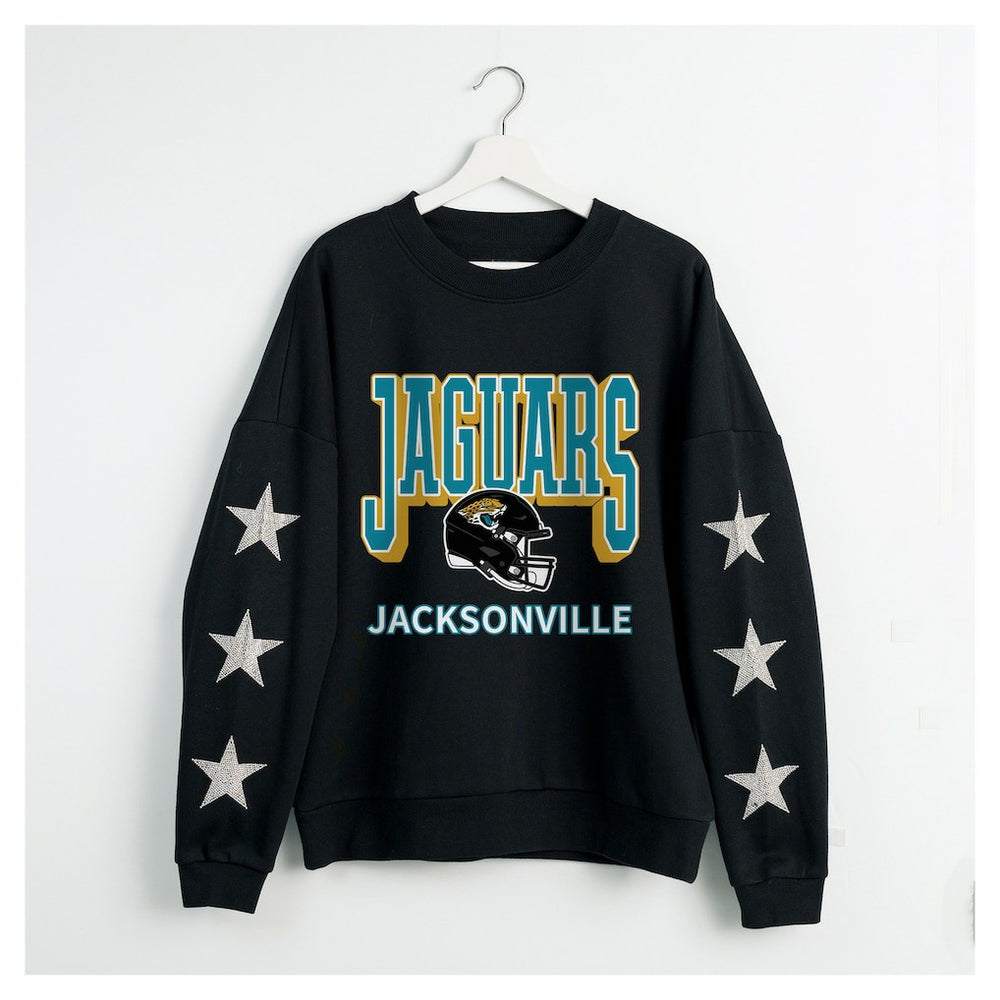 Jacksonville Jaguars Gameday Couture Women's Pure Victory Rhinestud Star-Sleeve Pullover Sweatshirt Black - NFL