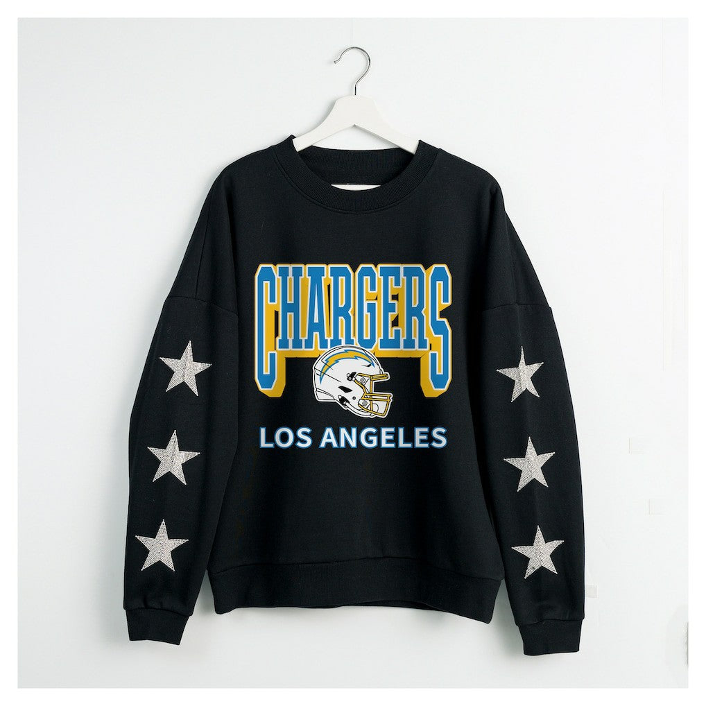 Los Angeles Chargers Gameday Couture Women's Pure Victory Rhinestud Star-Sleeve Pullover Sweatshirt Black - NFL