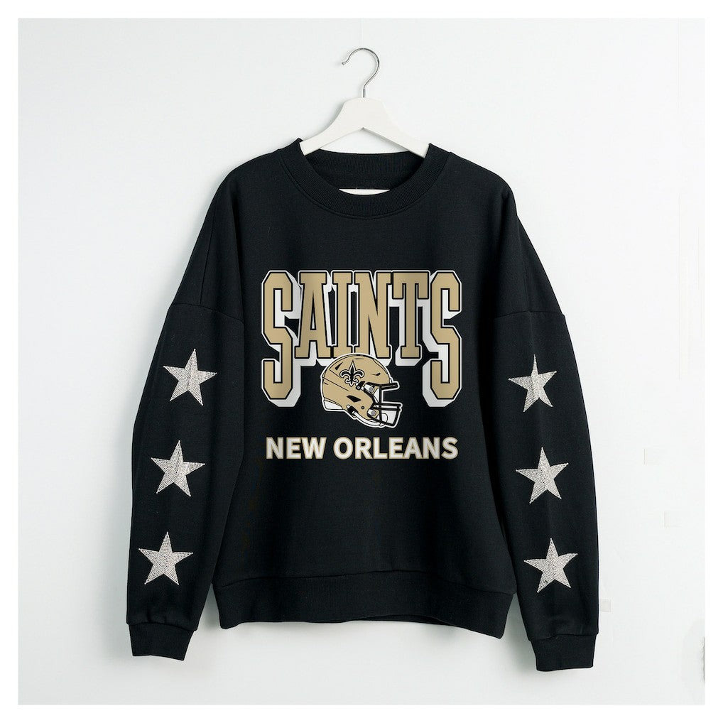 New Orleans Saints Gameday Couture Women's Pure Victory Rhinestud Star-Sleeve Pullover Sweatshirt Black - NFL
