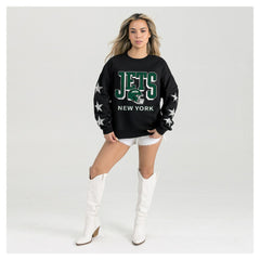 New York Jets Gameday Couture Women's Pure Victory Rhinestud Star-Sleeve Pullover Sweatshirt Black - NFL