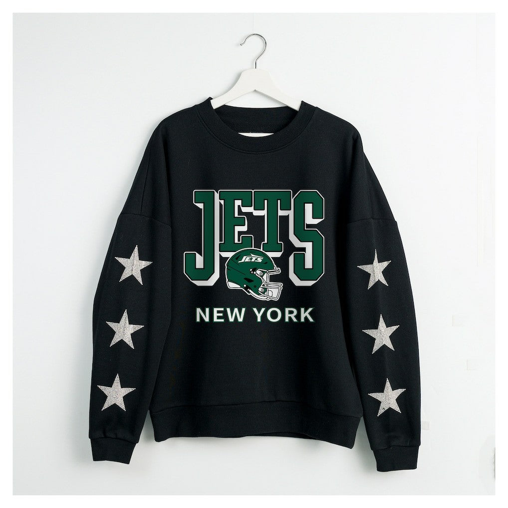 New York Jets Gameday Couture Women's Pure Victory Rhinestud Star-Sleeve Pullover Sweatshirt Black - NFL