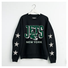 New York Jets Gameday Couture Women's Pure Victory Rhinestud Star-Sleeve Pullover Sweatshirt Black - NFL