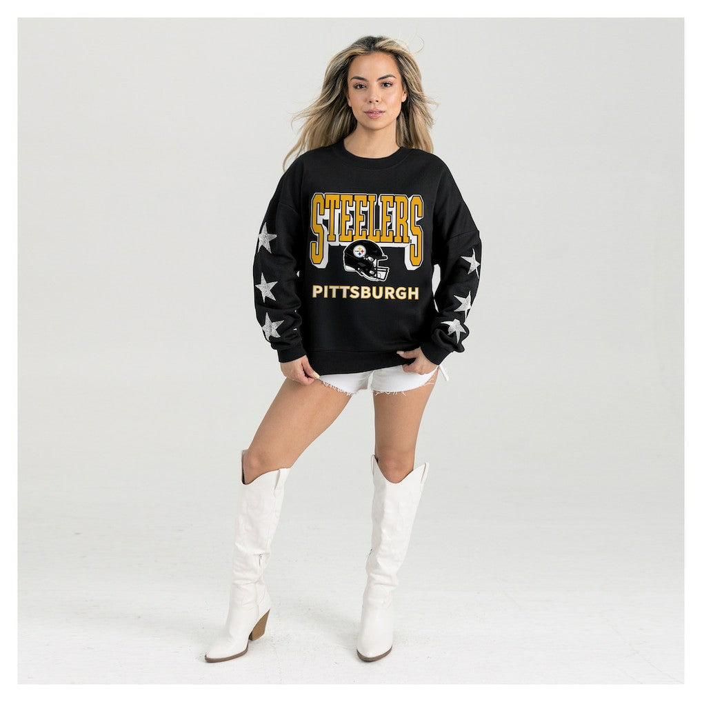 Pittsburgh Steelers Gameday Couture Women's Pure Victory Rhinestud Star-Sleeve Pullover Sweatshirt Black - NFL