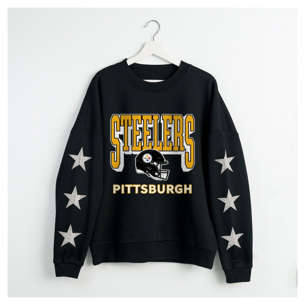 Pittsburgh Steelers Gameday Couture Women's Pure Victory Rhinestud Star-Sleeve Pullover Sweatshirt Black - NFL