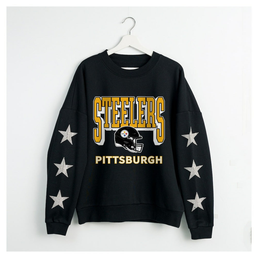 Pittsburgh Steelers Gameday Couture Women's Pure Victory Rhinestud Star-Sleeve Pullover Sweatshirt Black - NFL