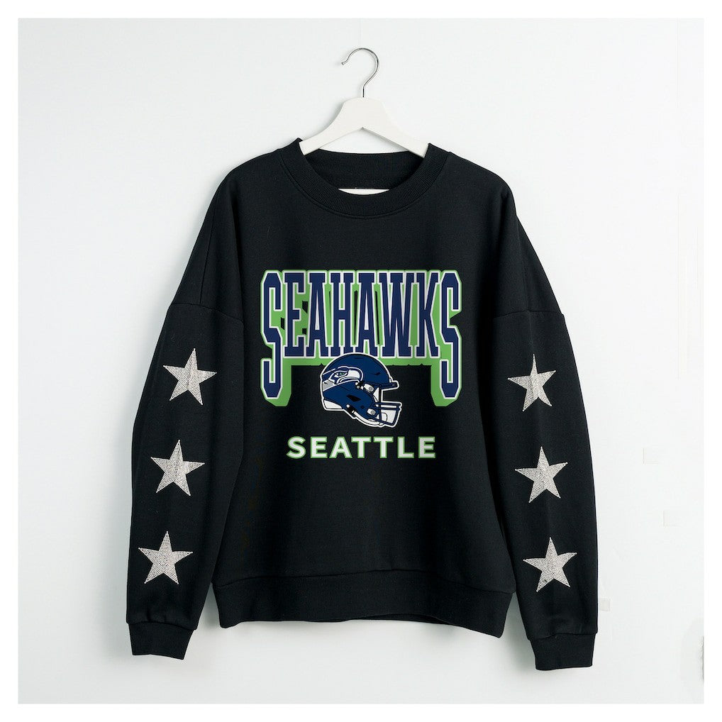 Seattle Seahawks Gameday Couture Women's Pure Victory Rhinestud Star-Sleeve Pullover Sweatshirt Black - NFL