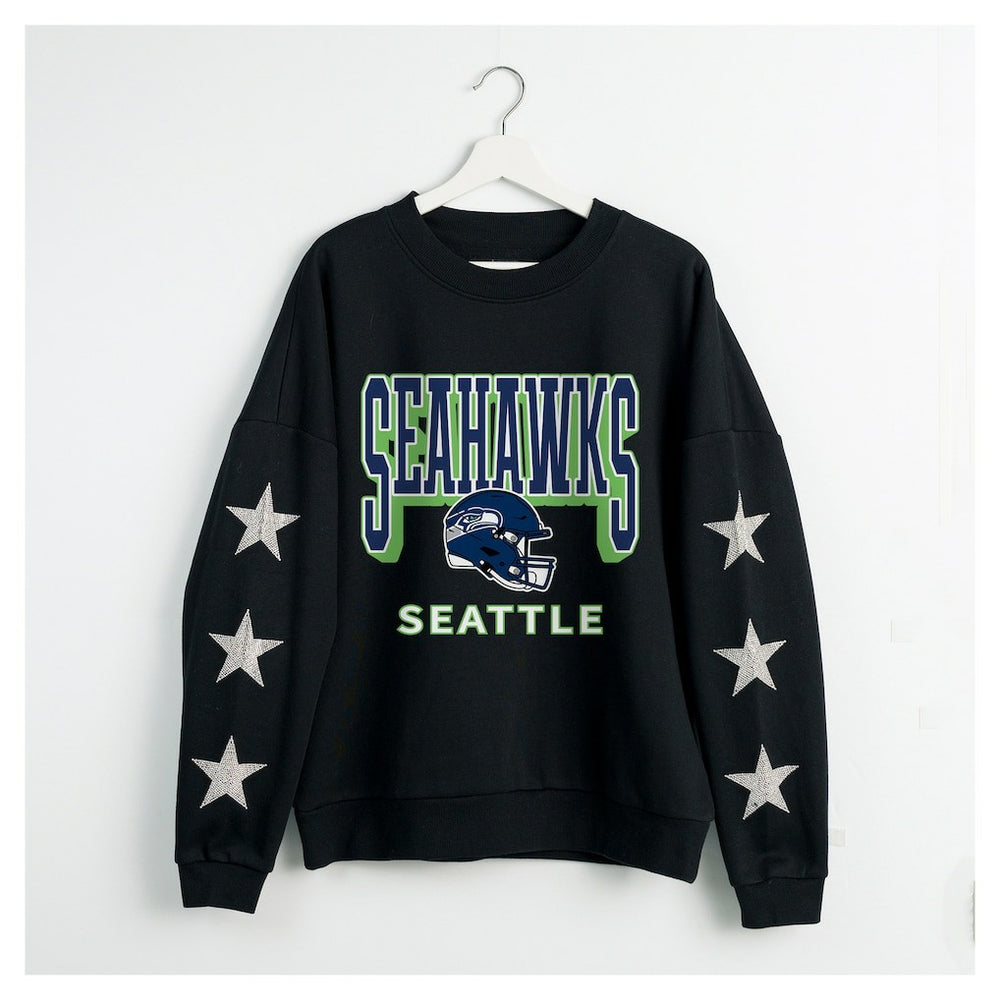 Seattle Seahawks Gameday Couture Women's Pure Victory Rhinestud Star-Sleeve Pullover Sweatshirt Black - NFL