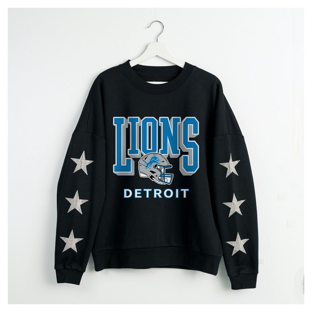 Detroit Lions Gameday Couture Women's Pure Victory Rhinestud Star-Sleeve Pullover Sweatshirt Black - NFL