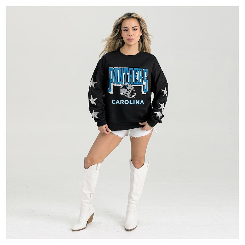 Carolina Panthers Gameday Couture Women's Pure Victory Rhinestud Star-Sleeve Pullover Sweatshirt Black - NFL