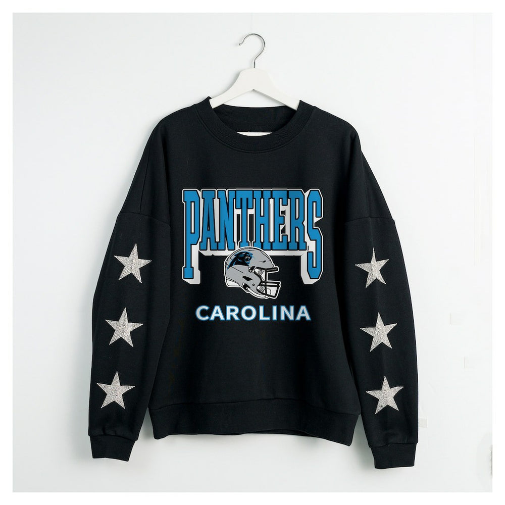 Carolina Panthers Gameday Couture Women's Pure Victory Rhinestud Star-Sleeve Pullover Sweatshirt Black - NFL