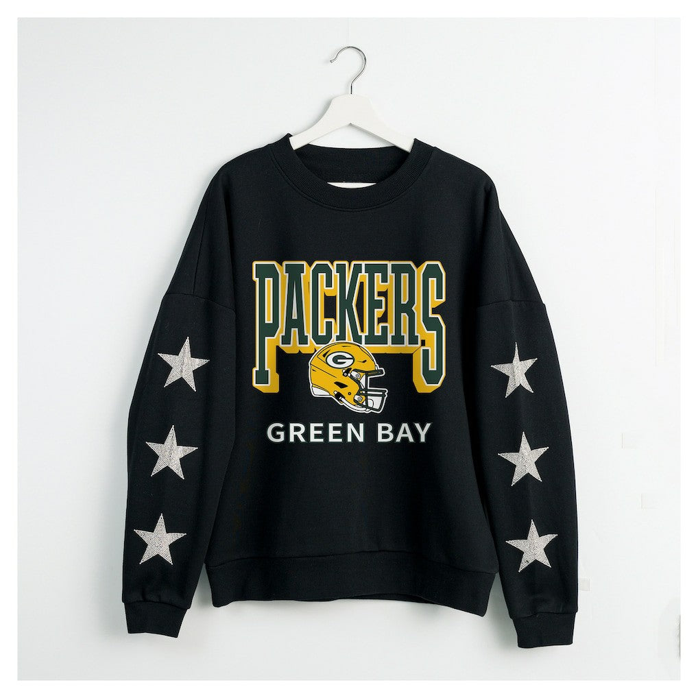 Green Bay Packers Gameday Couture Women's Pure Victory Rhinestud Star-Sleeve Pullover Sweatshirt Black - NFL