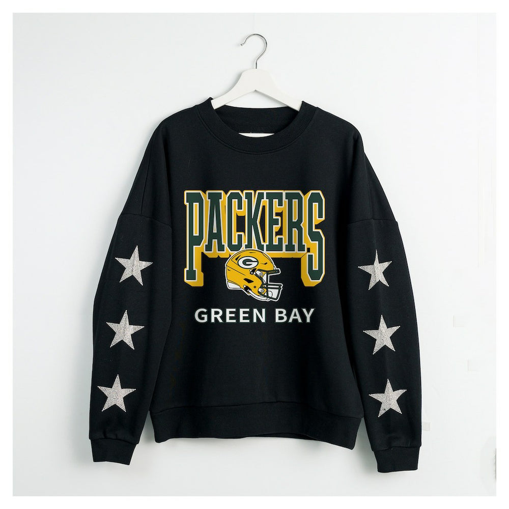 Green Bay Packers Gameday Couture Women's Pure Victory Rhinestud Star-Sleeve Pullover Sweatshirt Black - NFL