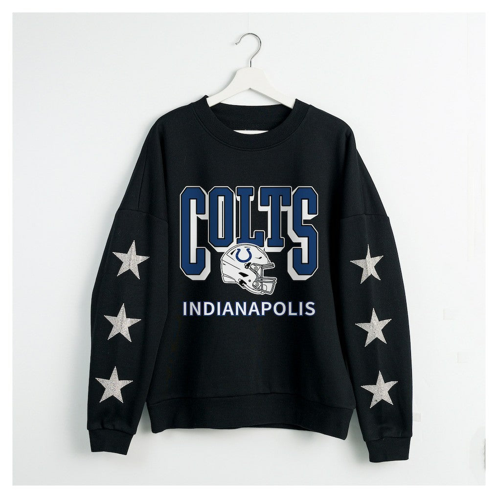 Indianapolis Colts Gameday Couture Women's Pure Victory Rhinestud Star-Sleeve Pullover Sweatshirt Black - NFL