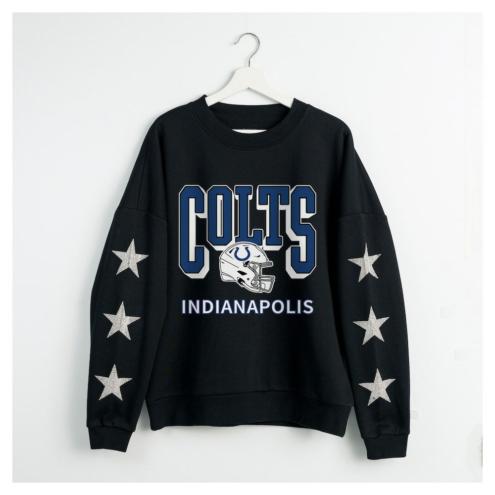 Indianapolis Colts Gameday Couture Women's Pure Victory Rhinestud Star-Sleeve Pullover Sweatshirt Black - NFL