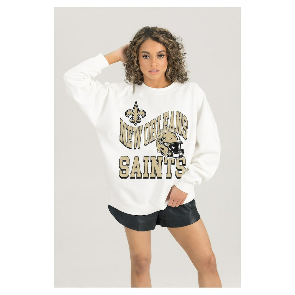 New Orleans Saints Gameday Couture Women's Oversized Hard Earned Premium Fleece Pullover Sweatshirt White - NFL