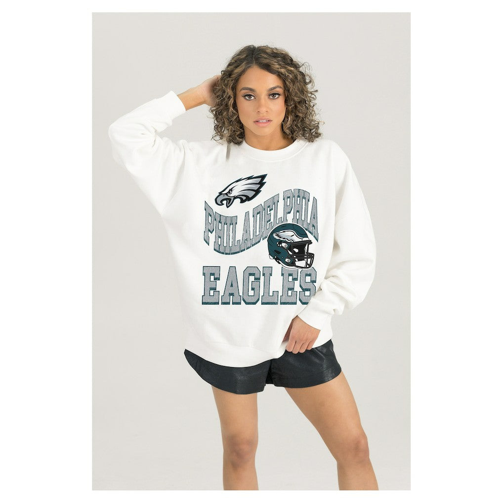 Philadelphia Eagles Gameday Couture Women's Oversized Hard Earned Premium Fleece Pullover Sweatshirt White - NFL
