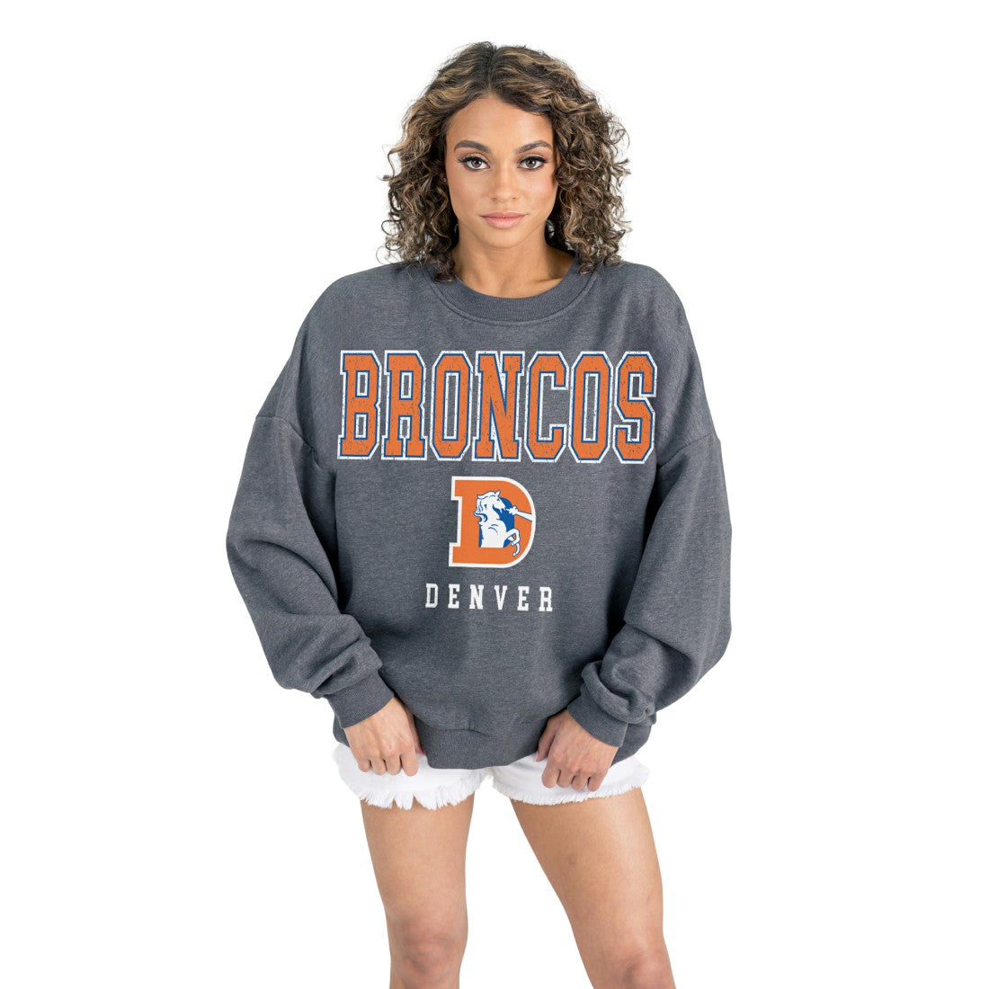 Denver Broncos Gameday Couture Women's Bring Your Energy Oversized Premium Fleece Pullover Sweatshirt Charcoal - NFL