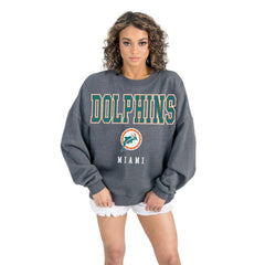 Miami Dolphins Gameday Couture Women's Bring Your Energy Oversized Premium Fleece Pullover Sweatshirt Charcoal - NFL