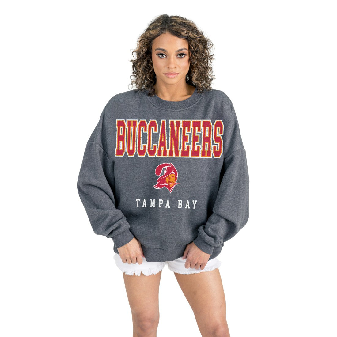 Tampa Bay Buccaneers Gameday Couture Women's Bring Your Energy Oversized Premium Fleece Pullover Sweatshirt Charcoal - NFL
