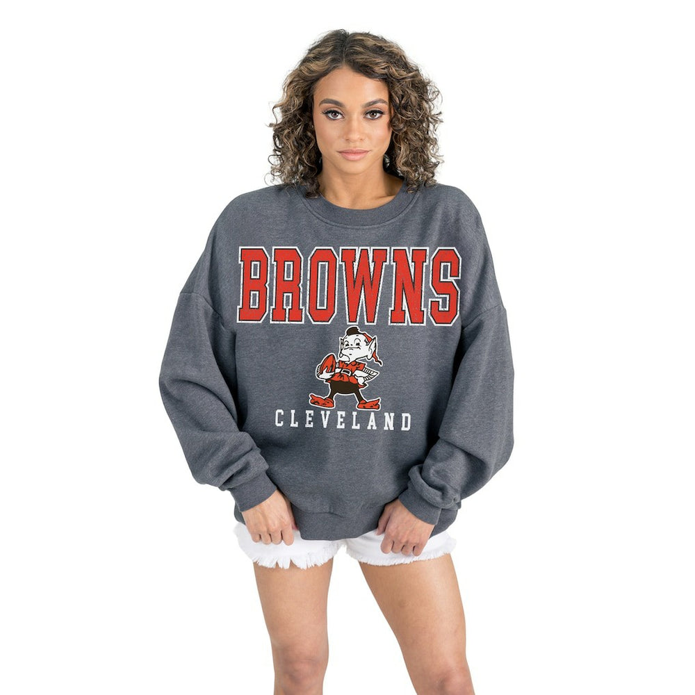 Cleveland Browns Gameday Couture Women's Bring Your Energy Oversized Premium Fleece Pullover Sweatshirt Charcoal - NFL