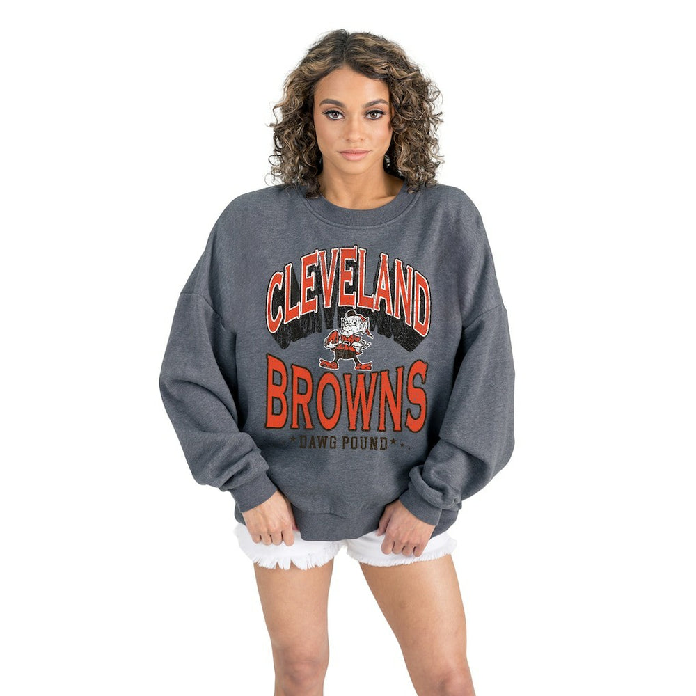 Cleveland Browns Gameday Couture Women's Long Weekends Oversized Premium Fleece Pullover Sweatshirt Charcoal - NFL
