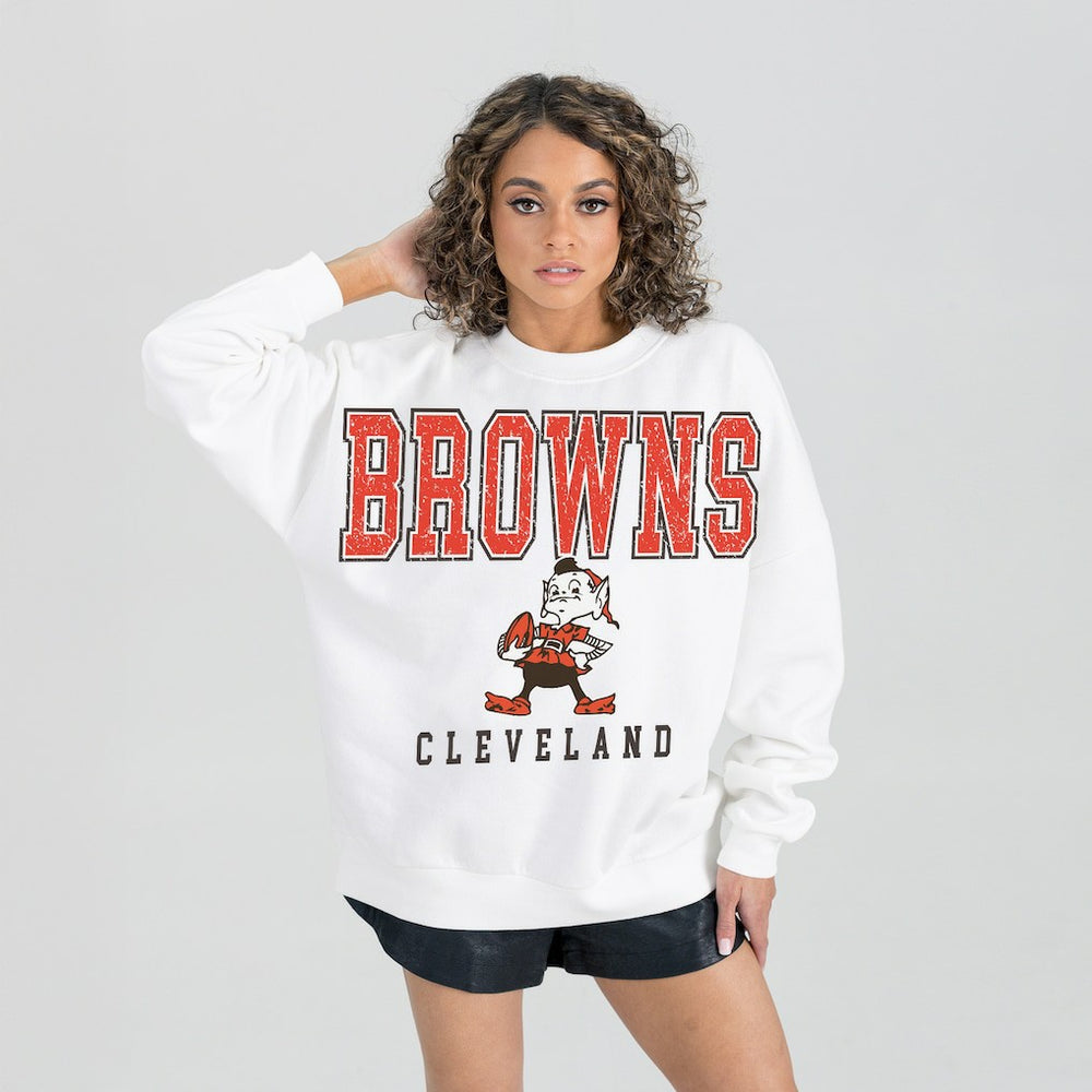 Cleveland Browns Gameday Couture Women's Classic Sunday Drives Oversized Premium Fleece Pullover Sweatshirt White - NFL