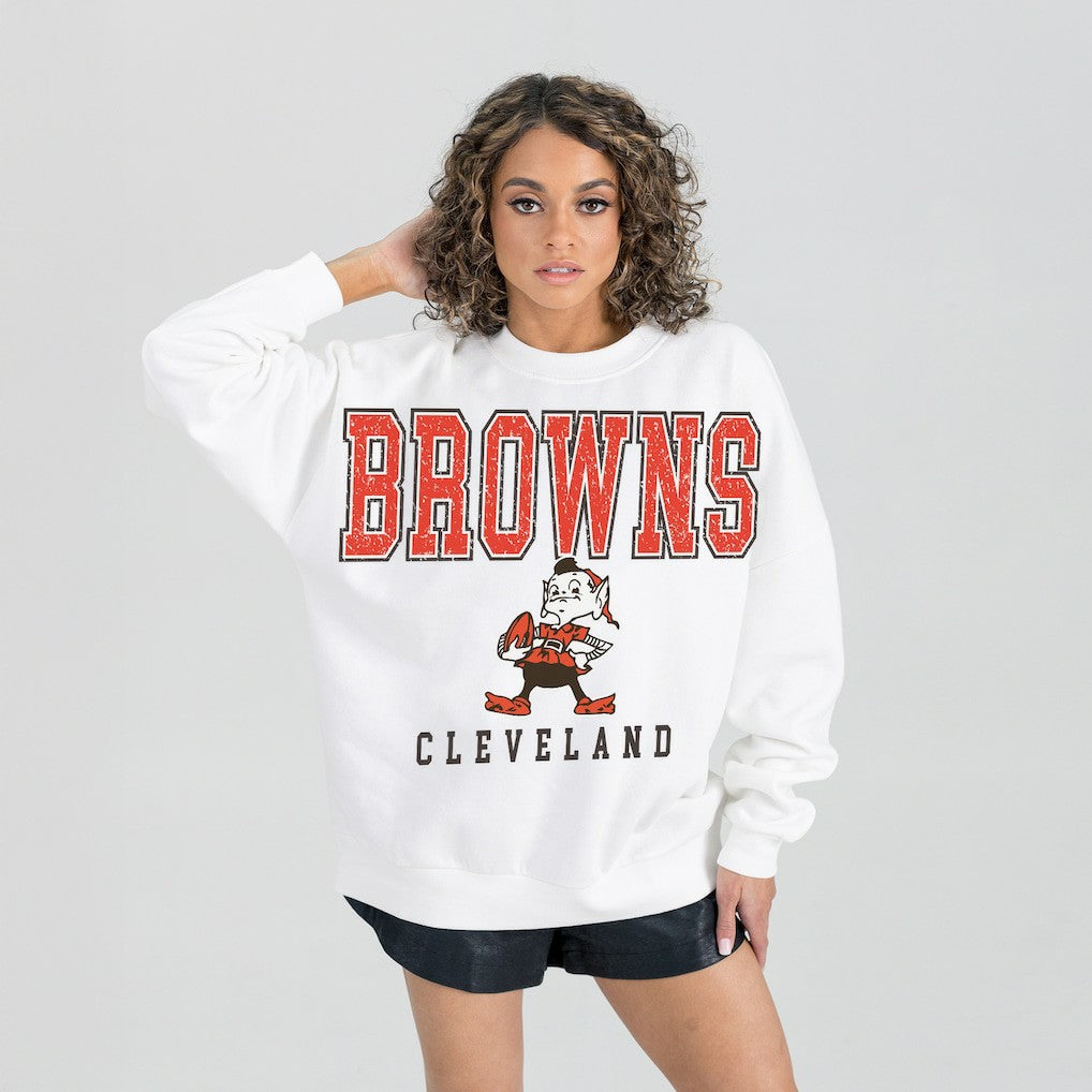 Cleveland Browns Gameday Couture Women's Classic Sunday Drives Oversized Premium Fleece Pullover Sweatshirt White - NFL