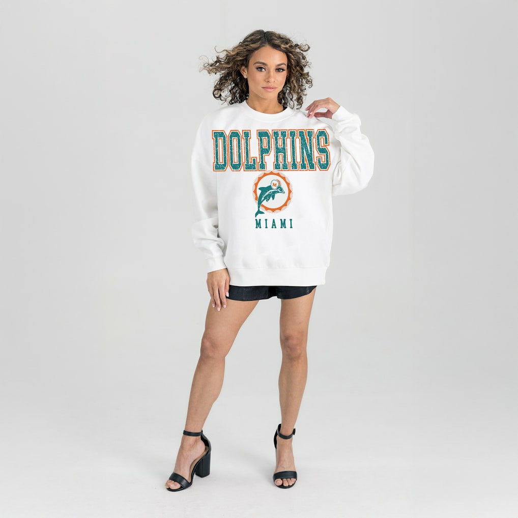 Miami Dolphins Gameday Couture Women's Classic Sunday Drives Oversized Premium Fleece Pullover Sweatshirt White - NFL