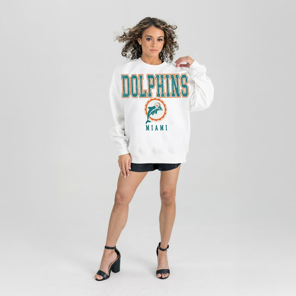 Miami Dolphins Gameday Couture Women's Classic Sunday Drives Oversized Premium Fleece Pullover Sweatshirt White - NFL
