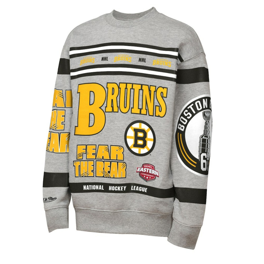 Boston Bruins Mitchell & Ness Youth Allover Print Fleece Crewneck Sweatshirt Heather Gray