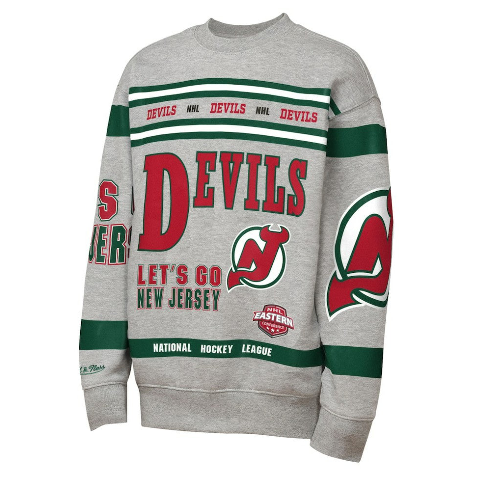 New Jersey Devils - Mitchell & Ness Youth Allover Print Fleece Crewneck Sweatshirt Heather Gray