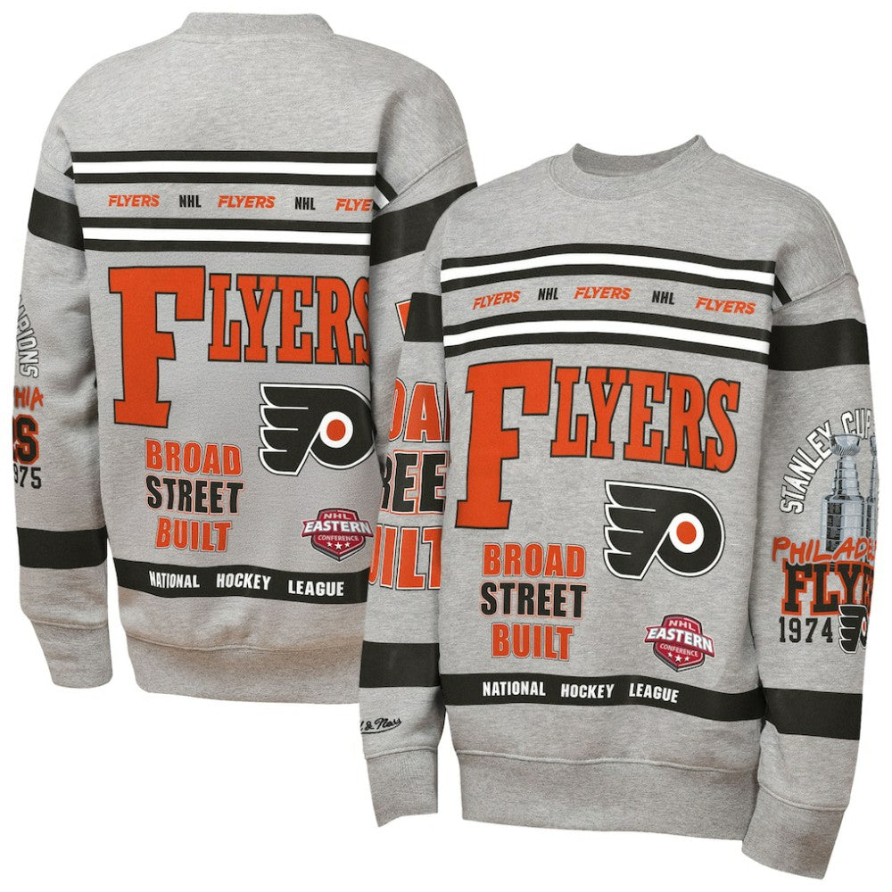 Philadelphia Flyers - Mitchell & Ness Youth Allover Print Fleece Crewneck Sweatshirt Heather Gray
