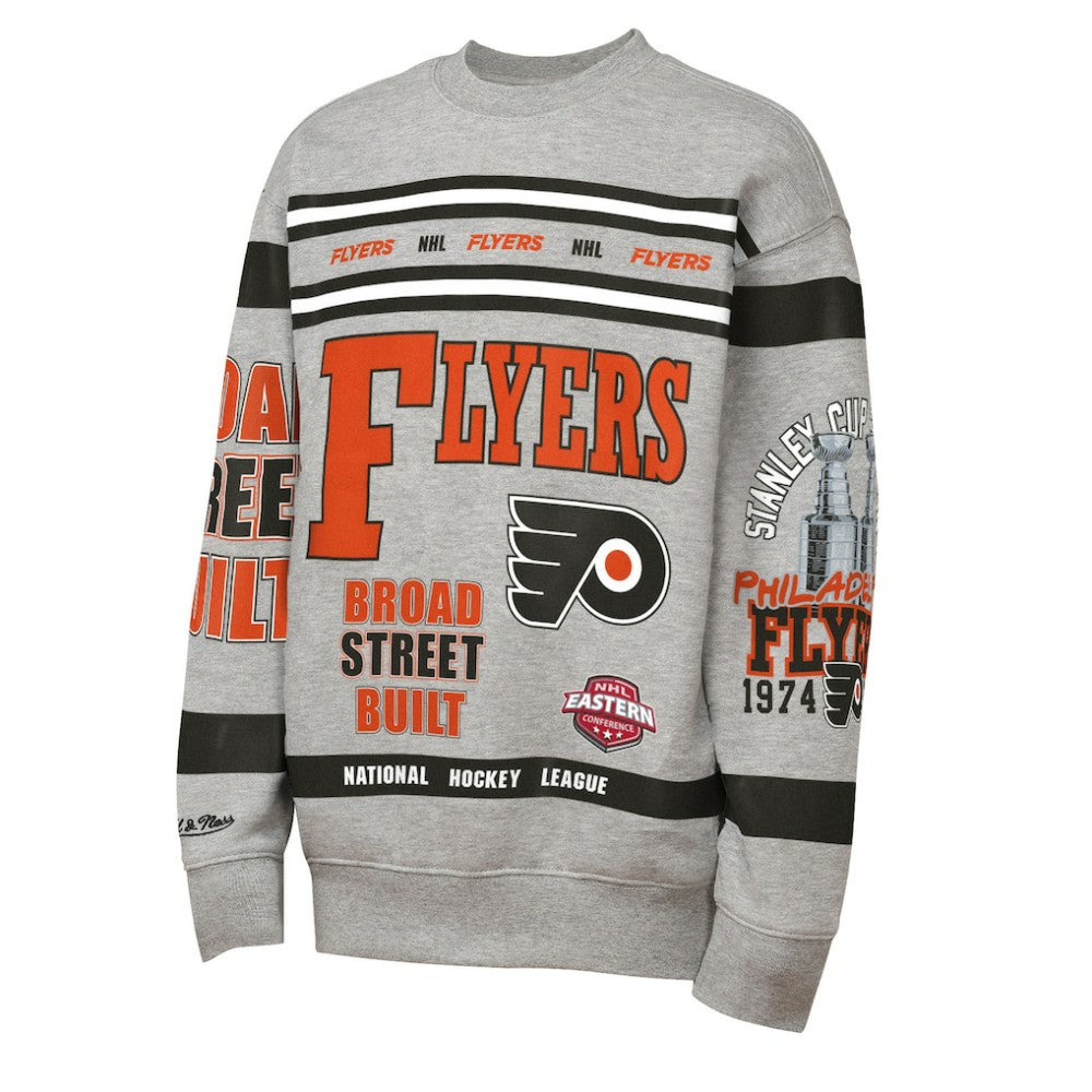 Philadelphia Flyers - Mitchell & Ness Youth Allover Print Fleece Crewneck Sweatshirt Heather Gray