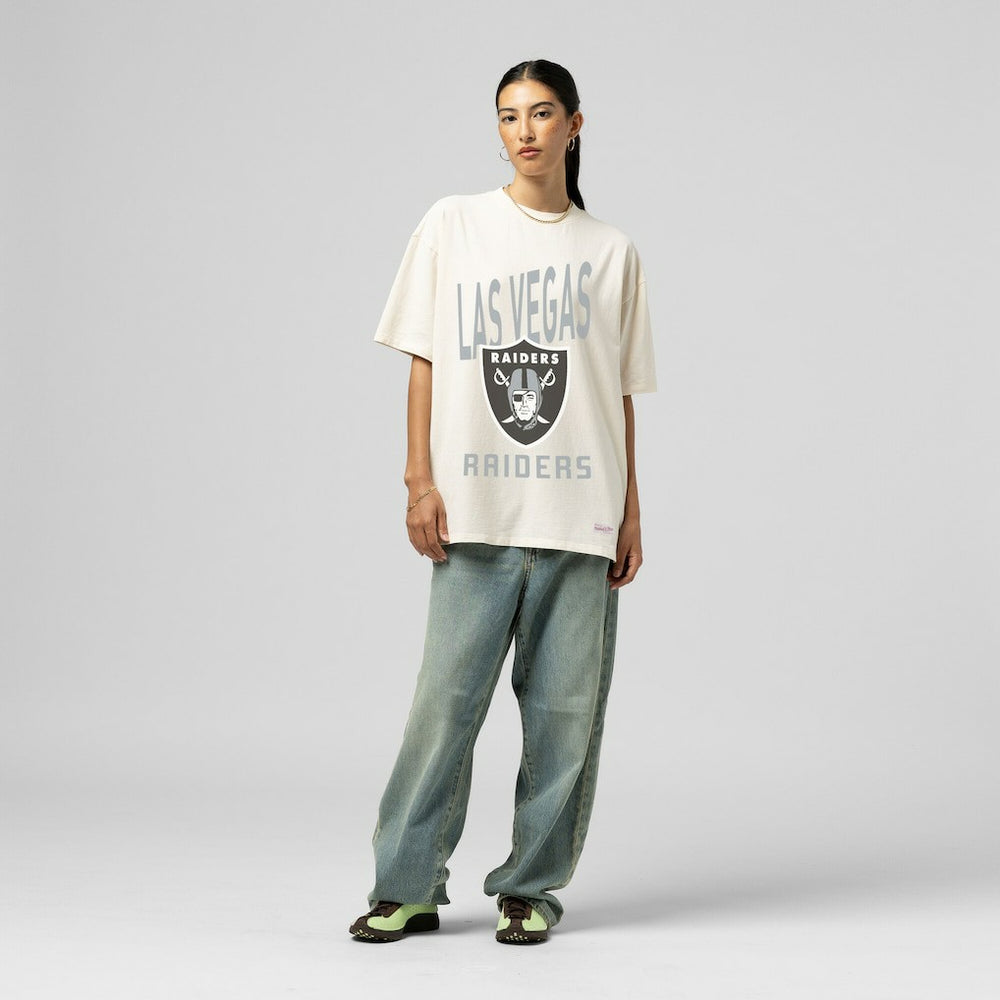 Las Vegas Raiders Women's Logo Rise Boyfriend T-Shirt Cream - Mitchell & Ness