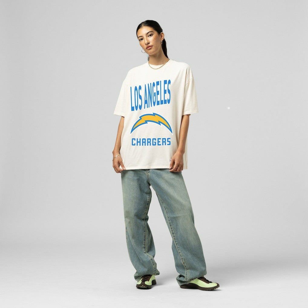 Los Angeles Chargers Women's Logo Rise Boyfriend T-Shirt Cream - Mitchell & Ness