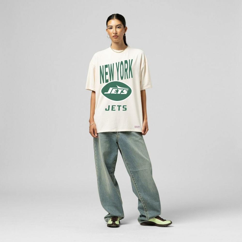 New York Jets Women's Logo Rise Boyfriend T-Shirt Cream - Mitchell & Ness