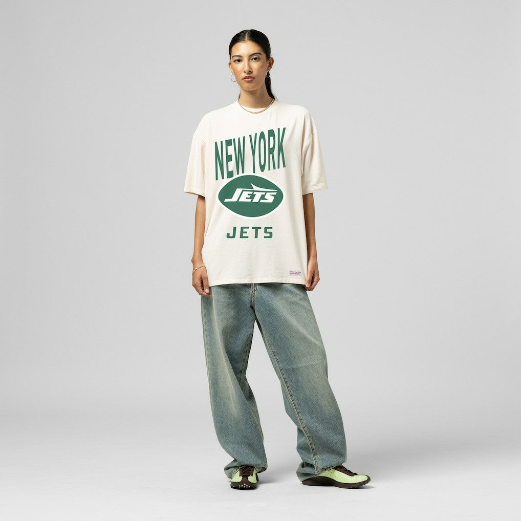 New York Jets Women's Logo Rise Boyfriend T-Shirt Cream - Mitchell & Ness